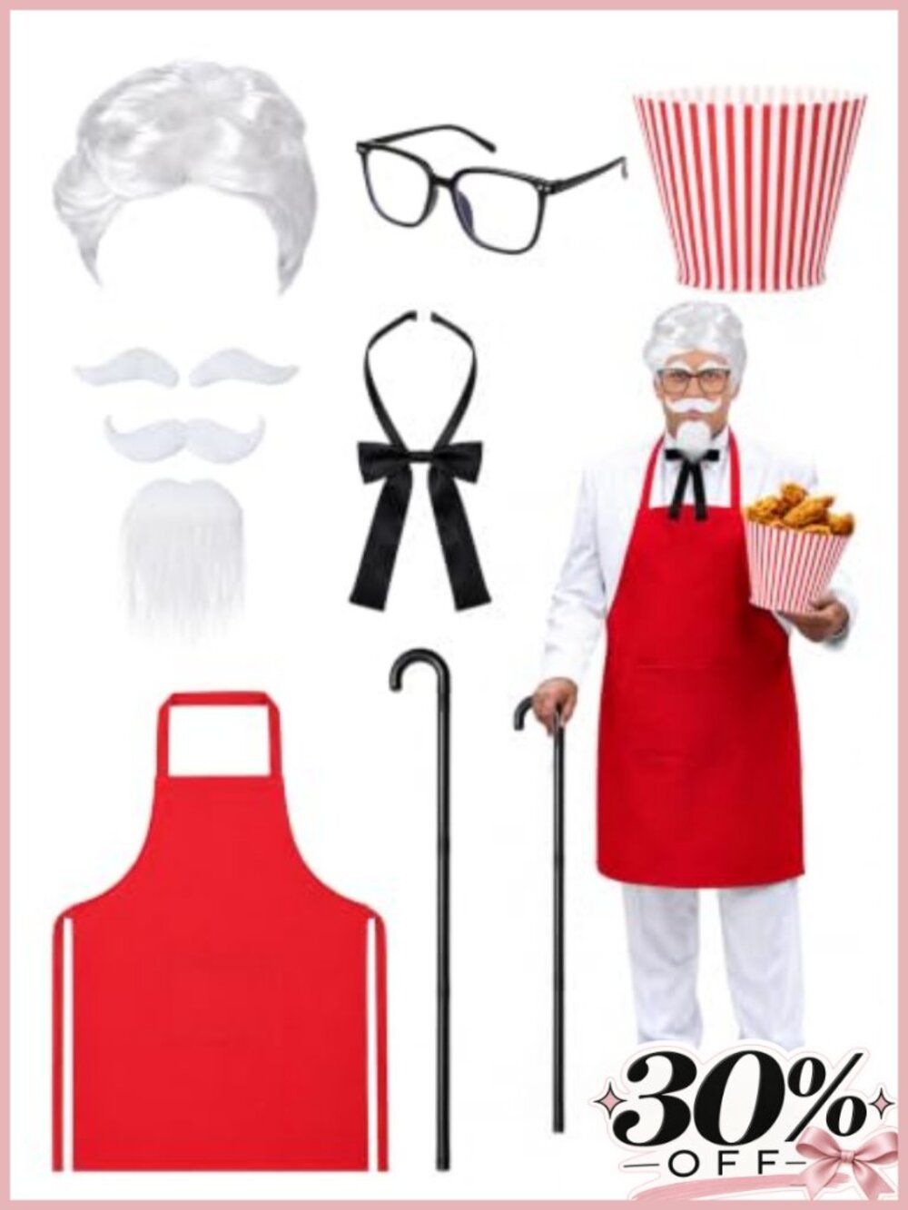7Pc Halloween Chef Colonel Grandpa Costume Set Adult Retro 1950s Diner Theme